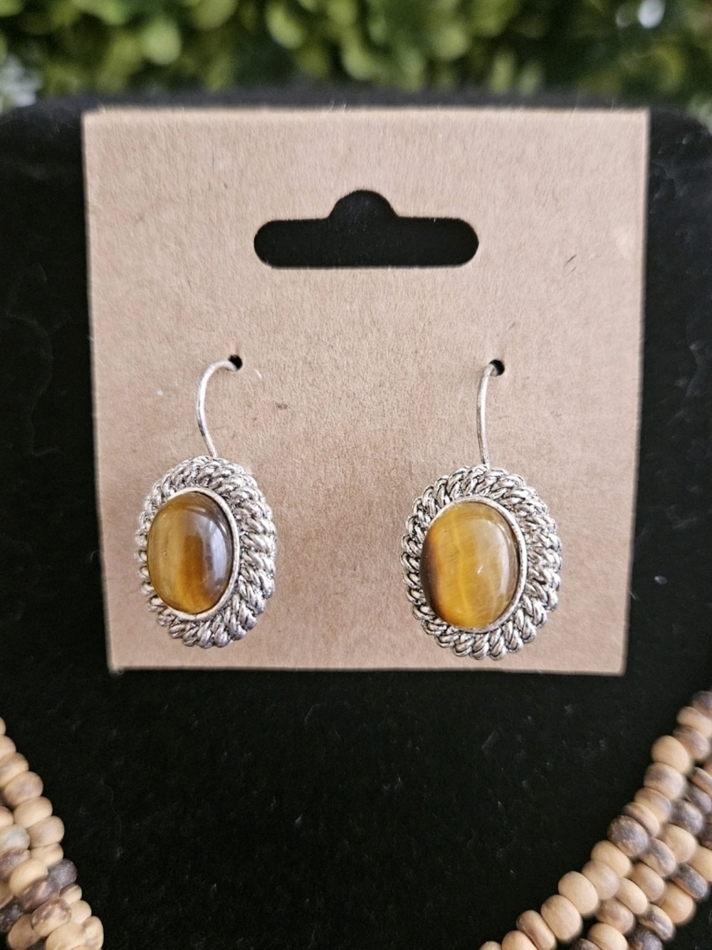 Avon SP Faux Tiger's Eye NECKLACE & EARRINGS, Wood & Glass Beads, Multi Strand - Picture 3 of 3